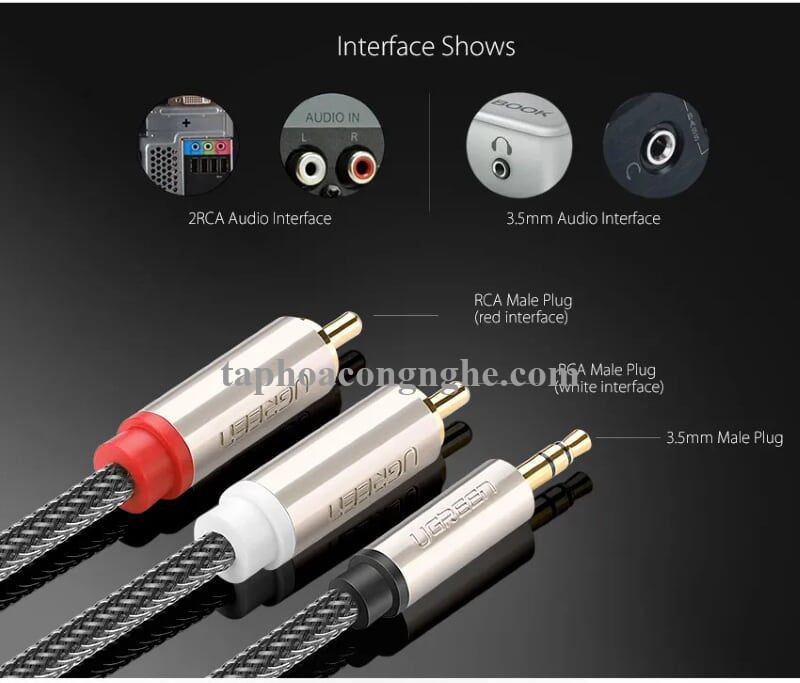 Ugreen 20825 5M màu Đen Cáp âm thanh 2 đầu Bông sen sang 3.5mm Dương đầu bọc nhôm mạ vàng AV135 30020825